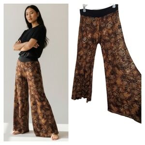 Designs-By-M Boho Brown Floral Sheer Lace Wide Leg Hippie Retro Festival Pants M